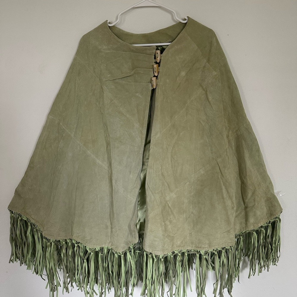 Fringed Suede Cape Jacket in Olive Green